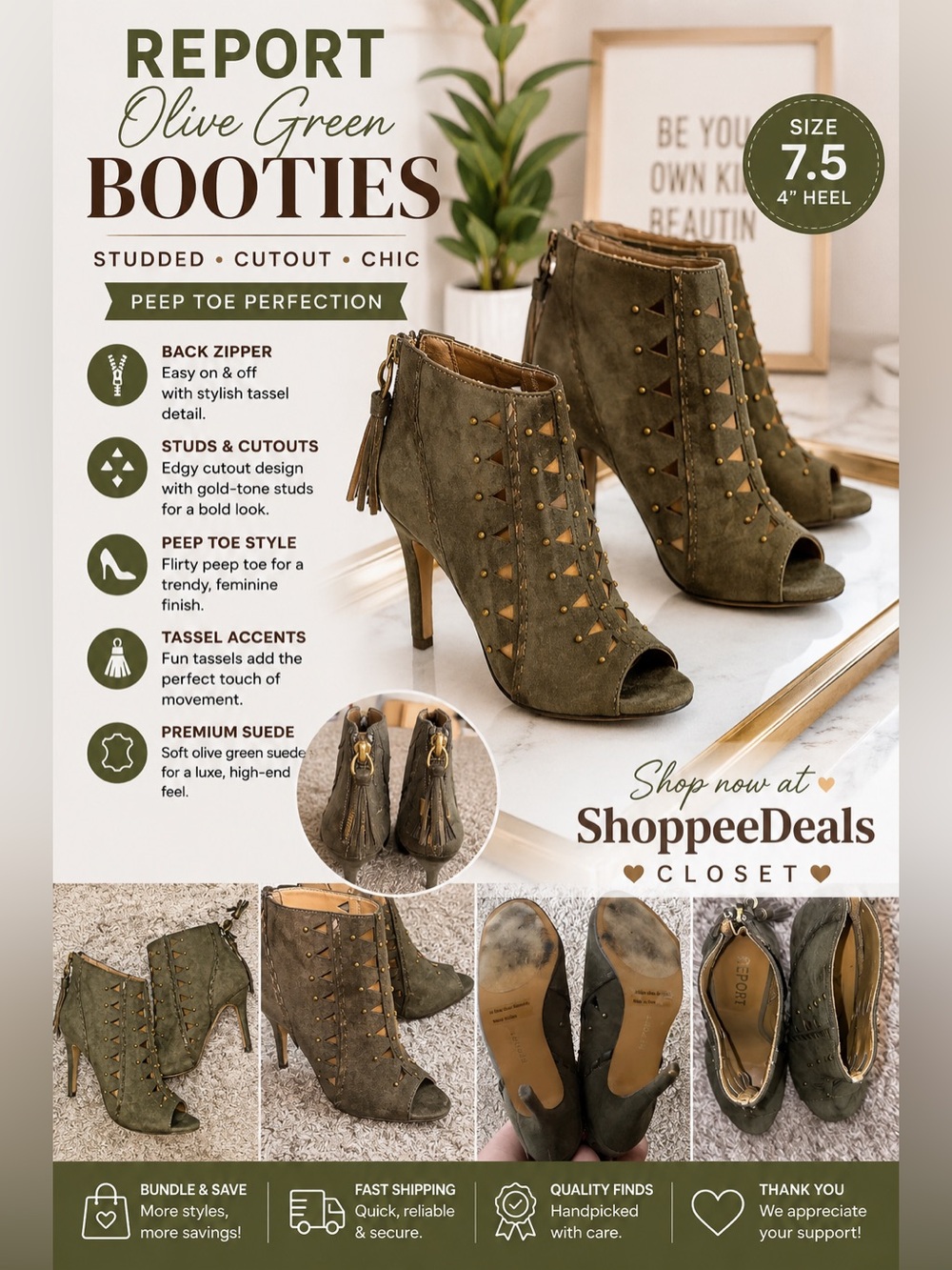 REPORT Olive Green Suede Peep Toe Booties – Women’s Size 7.5